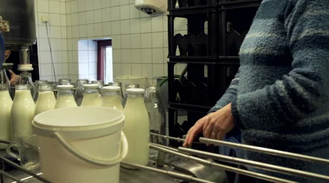 Adding caps to bottles filled with milk Stock Footage 35178661