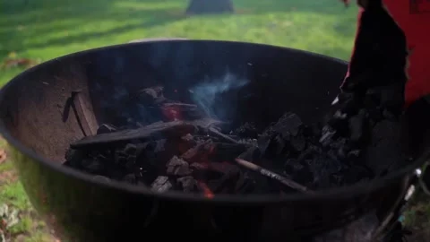 Adding charcoal to grill Stock Footage 158183756