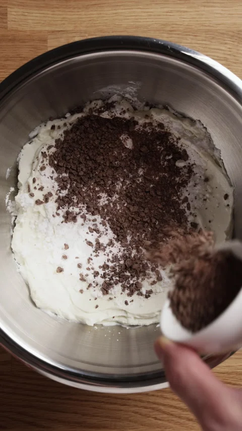 Adding Crushed Chocolate To Ricotta In Bowl Vertical Top View Видео 334232485