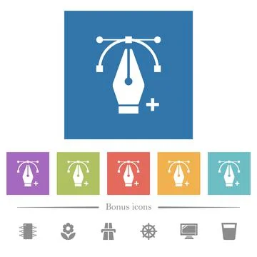 Adding editing point with pen tool flat white icons in square backgrounds Stock Illustration