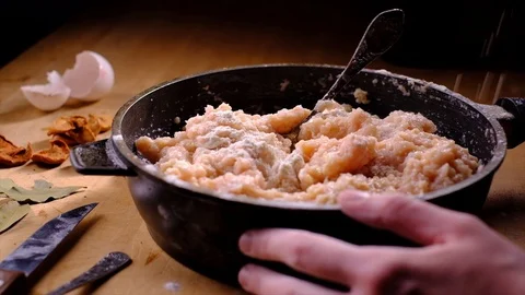 Adding flour to the minced chicken in slow motion Stock Footage 87555609