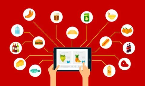 Adding food to order online using a tablet flat vector set Illustrazione stock