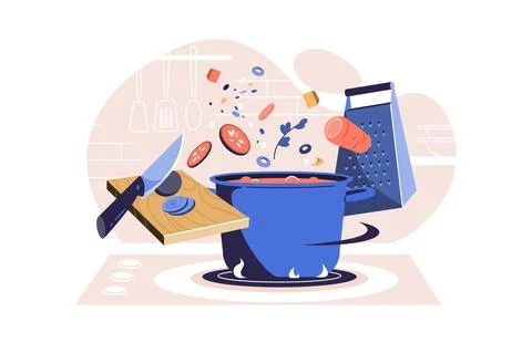 Adding fresh ingredients to soup Stock Illustration