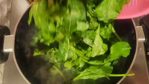 Adding fresh spinach leaves in boiling water Video stock 152648199