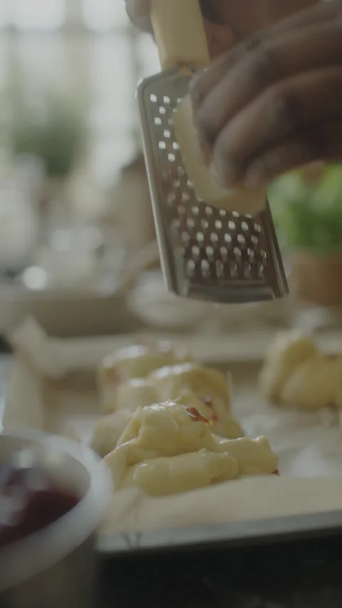 Adding Grated Cheese to Buns before Baking Stock Footage 211661746