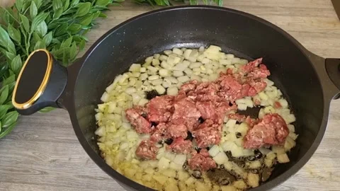 Adding Ground Beef to Sautéed Onions in Frying Pan | Cooking Process HD 스톡 동영상 345717002