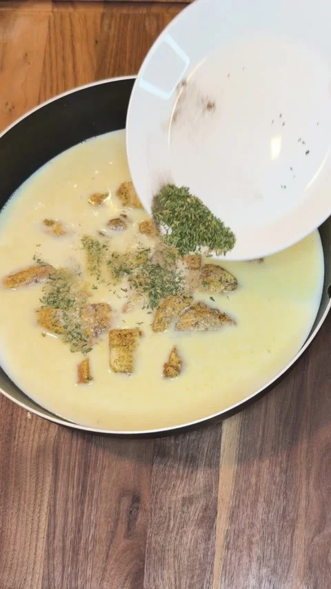 Adding Herbs and Spices to Creamy Chicken Sauce in Pan Vertical Video Видео 334803043