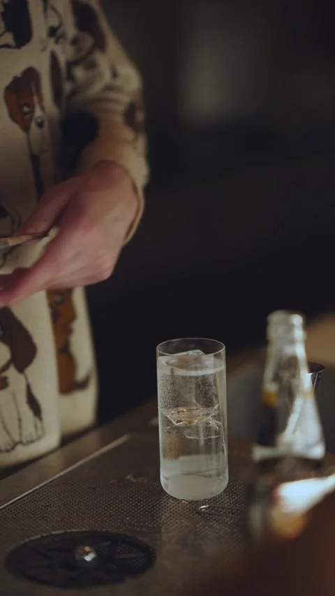 Adding ice to a cocktail, making a cocktail in a bar, vertical video Stock Footage 232203929