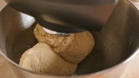 Adding ingredients to metal bowl of planetary mixer and mixing. Preparation of Stock Footage 245657622