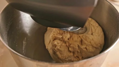 Adding ingredients to metal bowl of planetary mixer and mixing. Preparation of Stock Footage 246070815