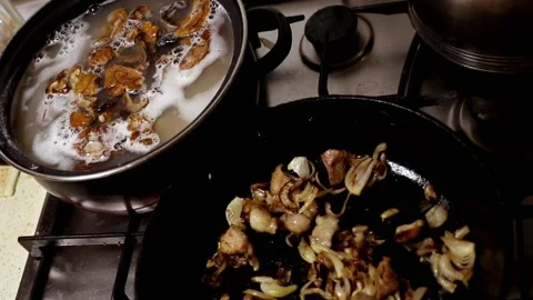 Adding ingredients for the preparation of mushroom soup in a pan. Stock Footage 104100679