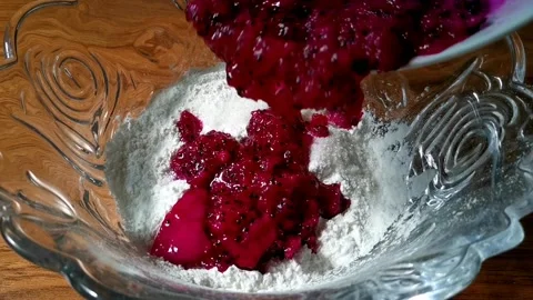 Adding Mashed Dragon fruit on a Glutinous Rice Flour Stock Footage 149406095