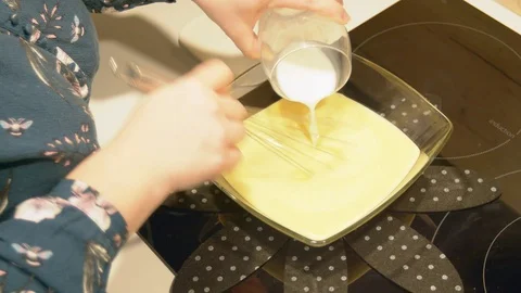 Adding milk and finishing French pancake batter mixing. Stock Footage 102403007