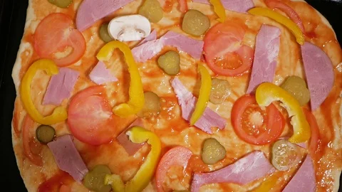 Adding mushrooms on pizza, close up Stock Footage 128667334