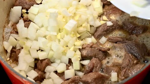 Adding onion and garlic to beef stew Stock Footage 221355386