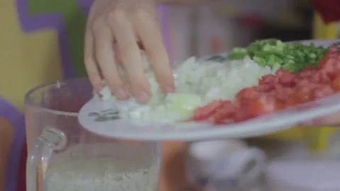 Adding onions and tomatoes to blender Stock Footage 79539150