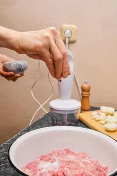 Adding pepper to minced meat Stock Photos