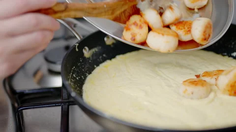 Adding, placing lots of scallops into a cream sauce in a frying pan in 4K. Stock Footage 138067936