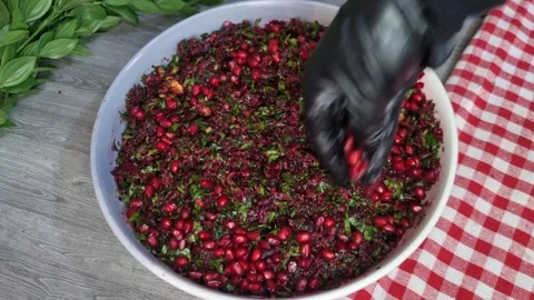 Adding Pomegranate Seeds to Beetroot Salad in White Bowl - Healthy Cooking 4K 스톡 동영상 347674259
