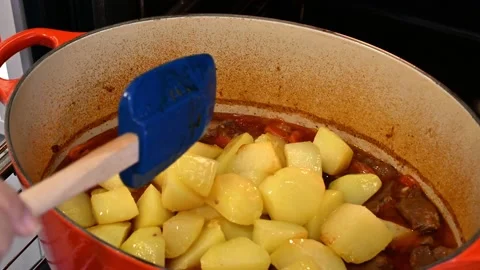 Adding the potatoes to the beef stew Stock Footage 221355943