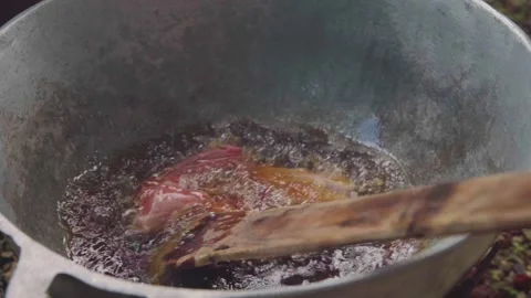 Adding RAW Pork To Hot Oil Stock Footage 308066276