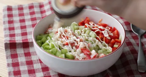 Adding sauce into crab salad 스톡 동영상 300578772