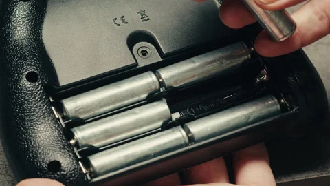Adding silver batteries AA and AAA in console close-up. Batteries are common in Stock Footage 279184745