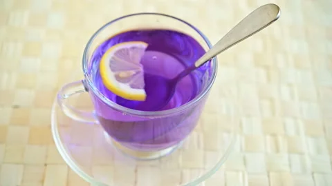 Adding a slice of lemon to the cup of blue tea Stock Footage 122122237