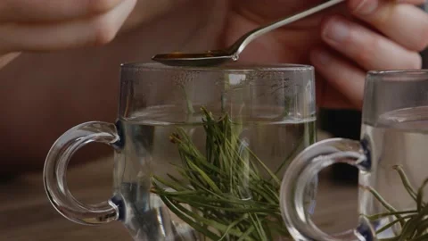 Adding a spoonful of honey to a glass cup of pine needle tea Stock Footage 163945458