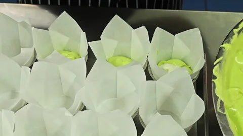 Adding sweet coconut filling to pandan cake batter. Stock Footage 347209892