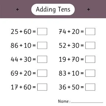 Adding Tens. Math worksheets for kids. School education. Development of log.. Stock Illustration