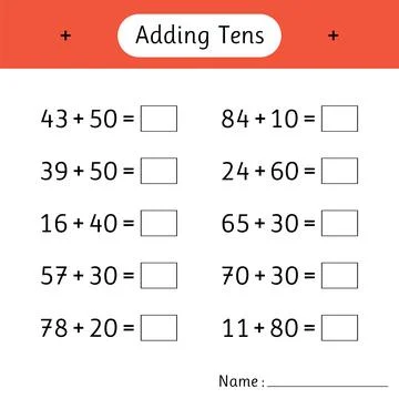 Adding Tens. Math worksheets for kids. Mathematics. Development of logical .. Illustrazione stock