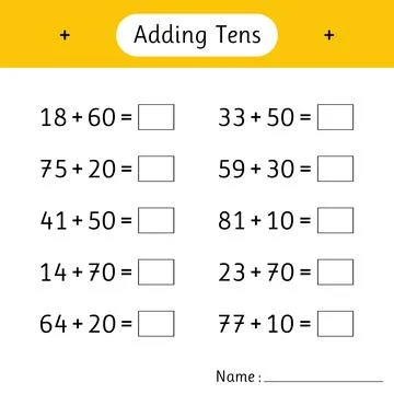 Adding Tens. Math worksheets for kids. Mathematics. School education. Devel.. Illustrazione stock
