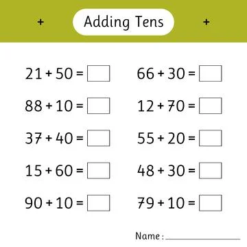 Adding Tens. Mathematics. Math worksheets for kids. Development of logical .. Illustrazione stock