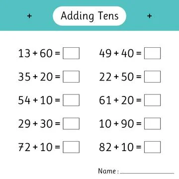 Adding Tens. Mathematics. Math worksheets for kids. School education. Devel.. Illustrazione stock