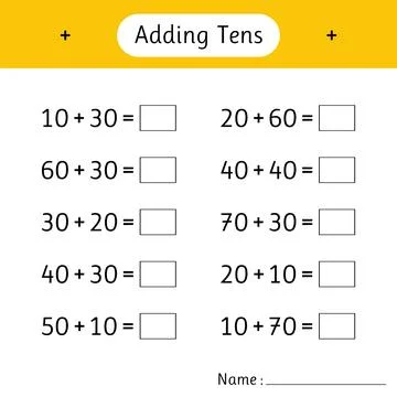 Adding Tens. School education. Mathematics. Math worksheets for kids. Devel.. Illustrazione stock