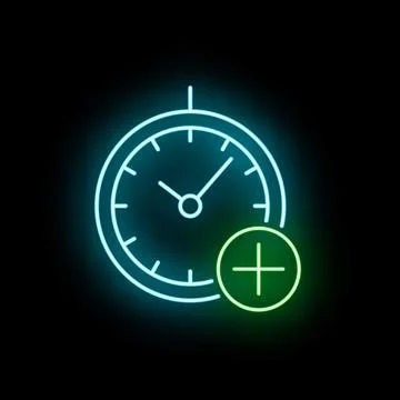Adding time concept with neon clock icon on black Stock Illustration