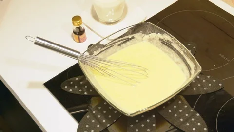 Adding vanilla flavour and mixing the French pancake batter. Stock Footage 102400250