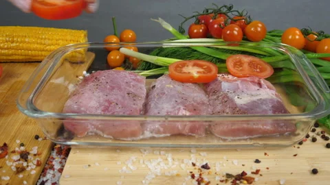 Adding vegetables to meat Video stock 170603963