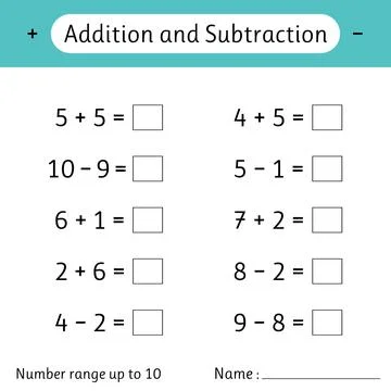 Addition and Subtraction. Number range up to 10. Math worksheet for kids. D.. Stock Illustration