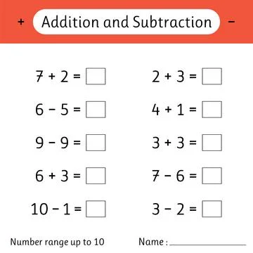 Addition and Subtraction. Number range up to 10. Math worksheet for kids. S.. Stock Illustration