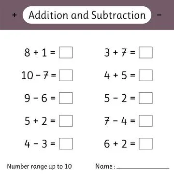 Addition and Subtraction. Number range up to 10. Math worksheet for kids. M.. Stock Illustration