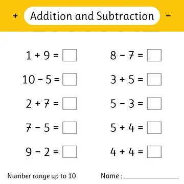 Addition and Subtraction. Number range up to 10. Math worksheet for kids. S.. Stock Illustration
