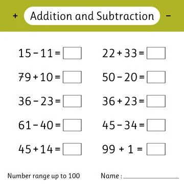 Addition and Subtraction. Number range up to 100. Math worksheet for kids. .. Stock Illustration