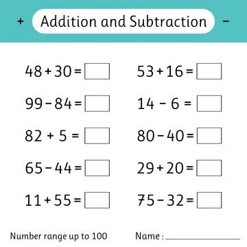 Addition and Subtraction. Number range up to 100. Math worksheet for kids. .. Stock Illustration