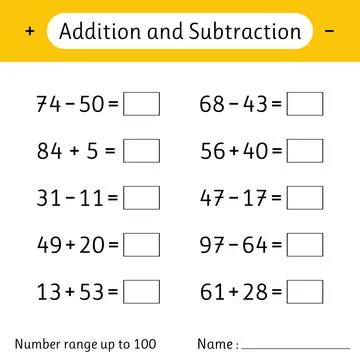 Addition and Subtraction. Number range up to 100. Math worksheet for kids. .. Stock Illustration
