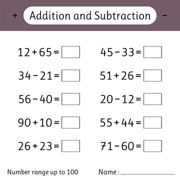 Addition and Subtraction. Number range up to 100. Mathematics. Math workshe.. Stock Illustration