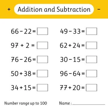 Addition and Subtraction. Number range up to 100. Math worksheet for kids. .. Stock Illustration