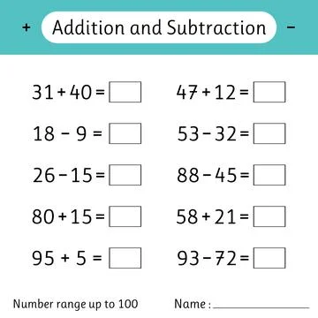 Addition and Subtraction. Number range up to 100. Math worksheet for kids. .. Stock Illustration