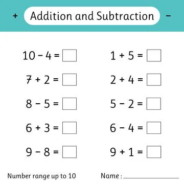 Addition and Subtraction. Number range up to 10. Math worksheet for kids. S.. Stock Illustration